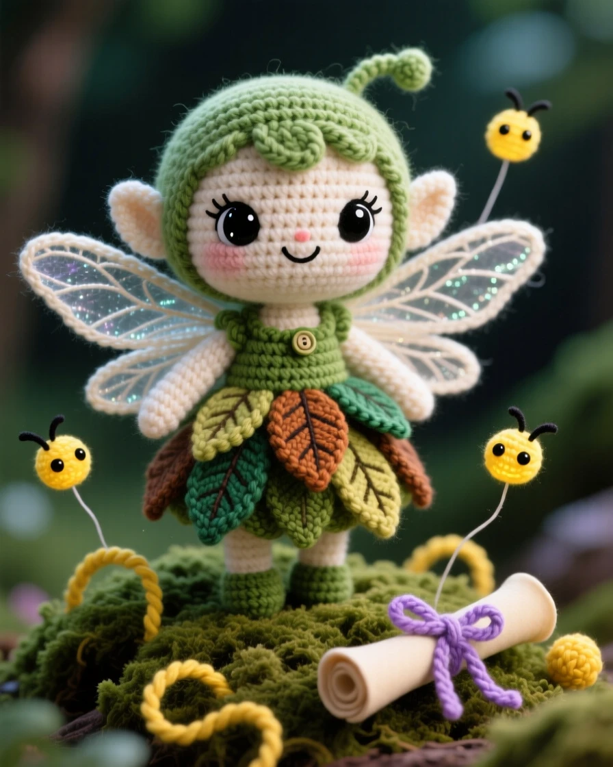 In a hidden glade lit by fireflies, a friendly forest sprite with translucent dragonfly wings and a leafy dress is captured hovering just above a bed of moss, surrounded by a tiny scroll tied with a ribbon, filled with dreamy tranquility under a magical sky.