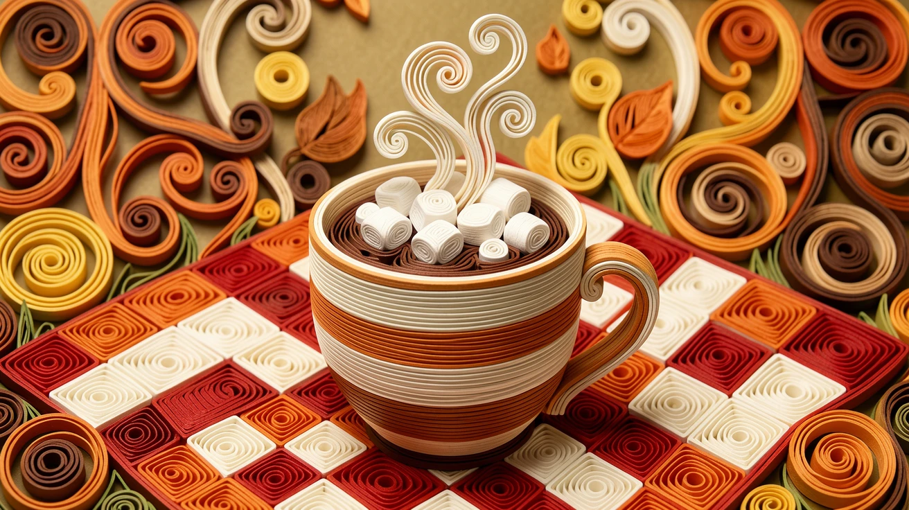 A cozy still life of a steaming mug of hot chocolate topped with marshmallows on a checkered picnic blanket in a park, with soft steam rising gently into the air, composed with warm, inviting close-up framing.