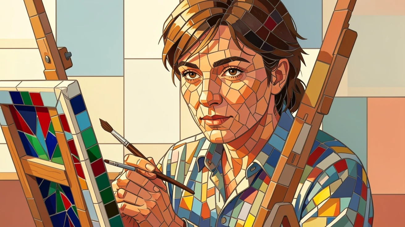A close-up emotional portrait of a painter working on a colorful canvas in a sunlit studio, with striking eyes and gentle expression.