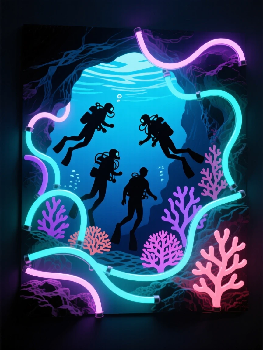 A group of divers exploring a coral reef cave.