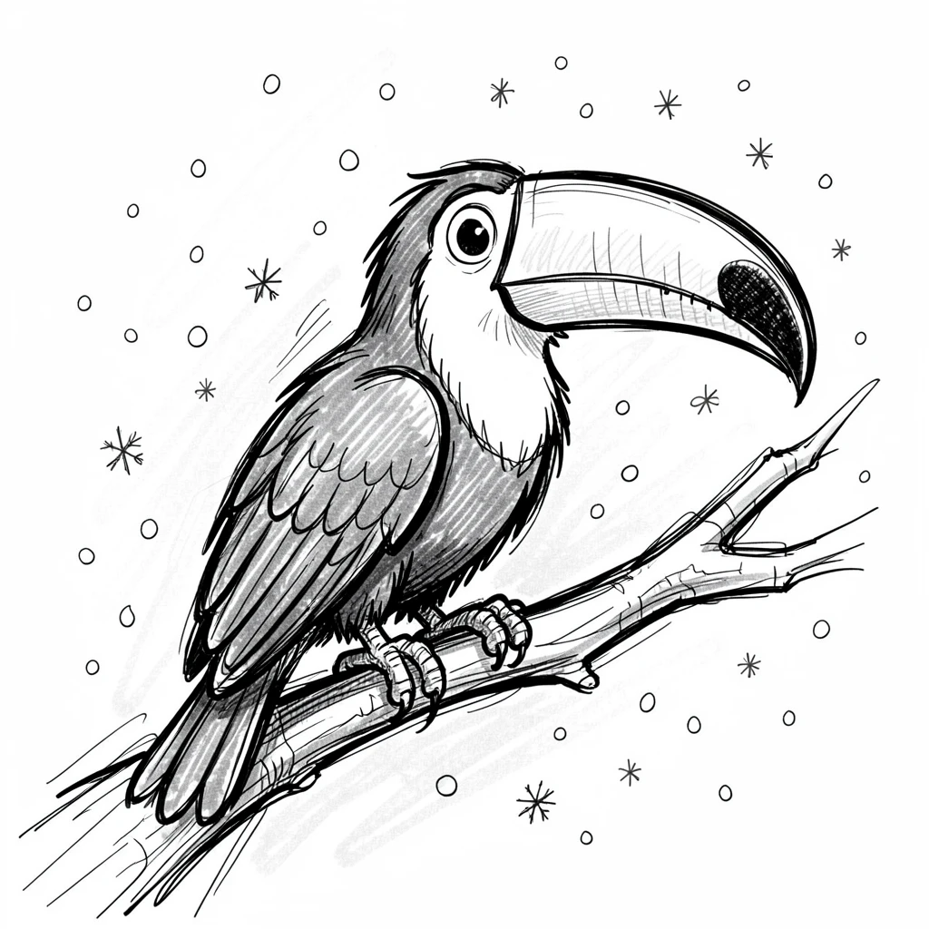 A toucan perched on a branch during a gentle snowfall.