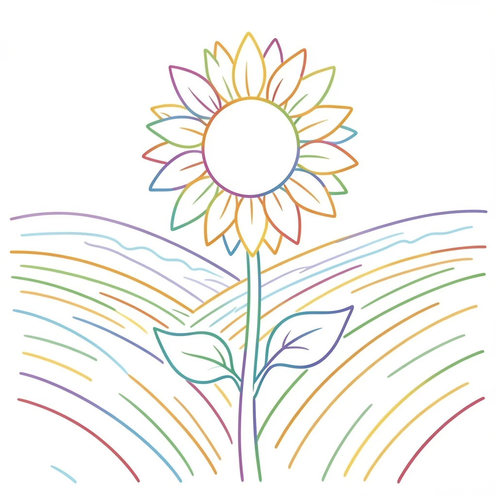 A single sunflower standing tall against a backdrop of rolling farmland.