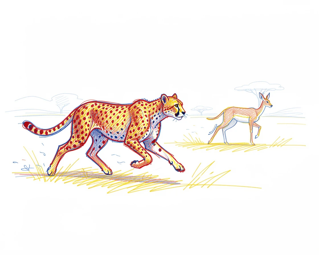 A cheetah sprinting across the savanna in pursuit of a distant gazelle