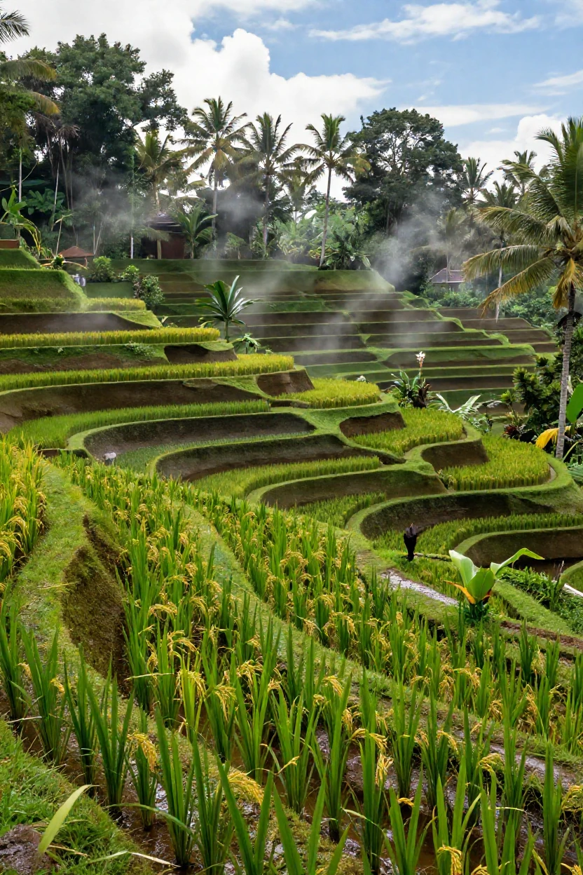 A Balinese rice terrace carved into emerald hillsides