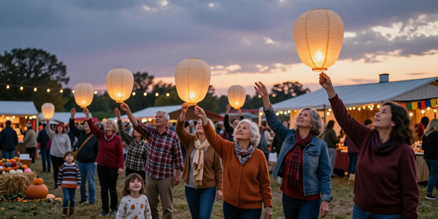 A crowd raises paper lanterns skyward at the close of a harvest festival.