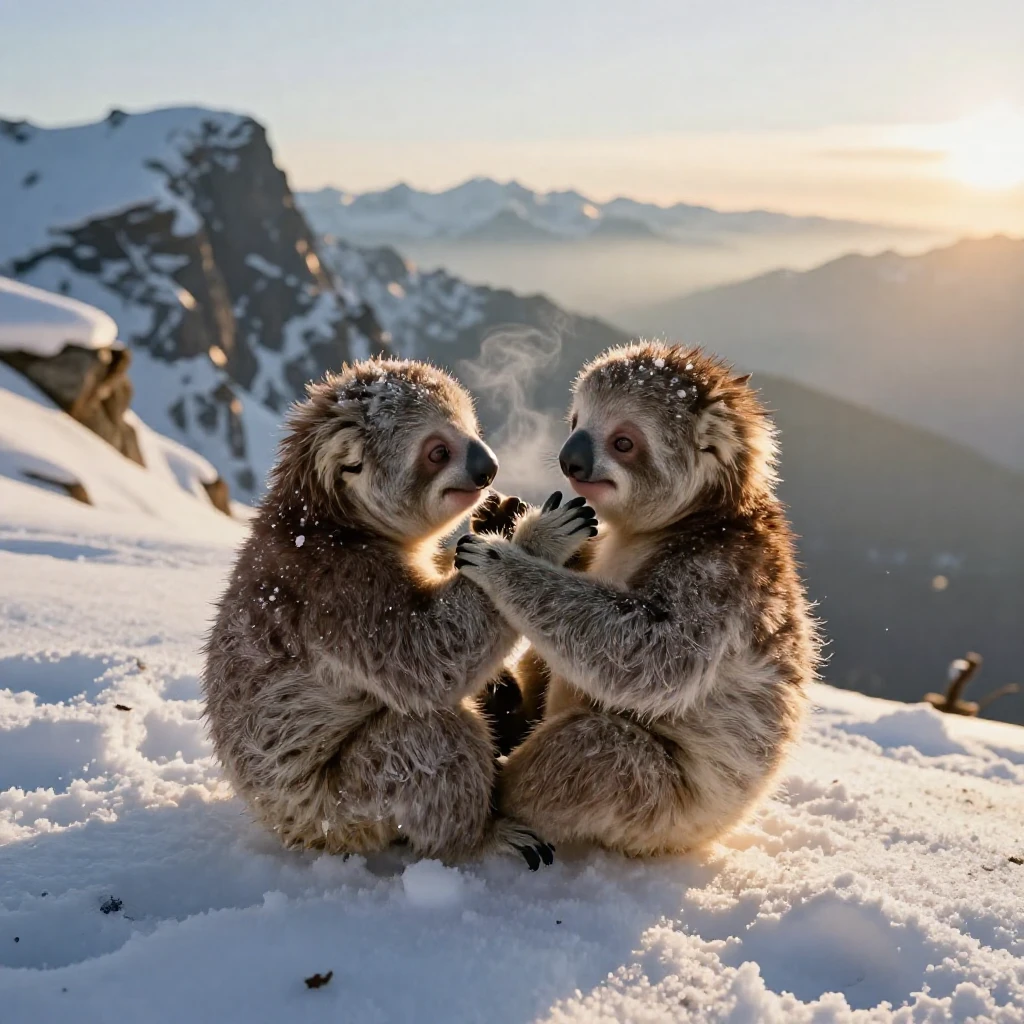 A baby sloth grooming one another with great care on a remote snow-covered ridge