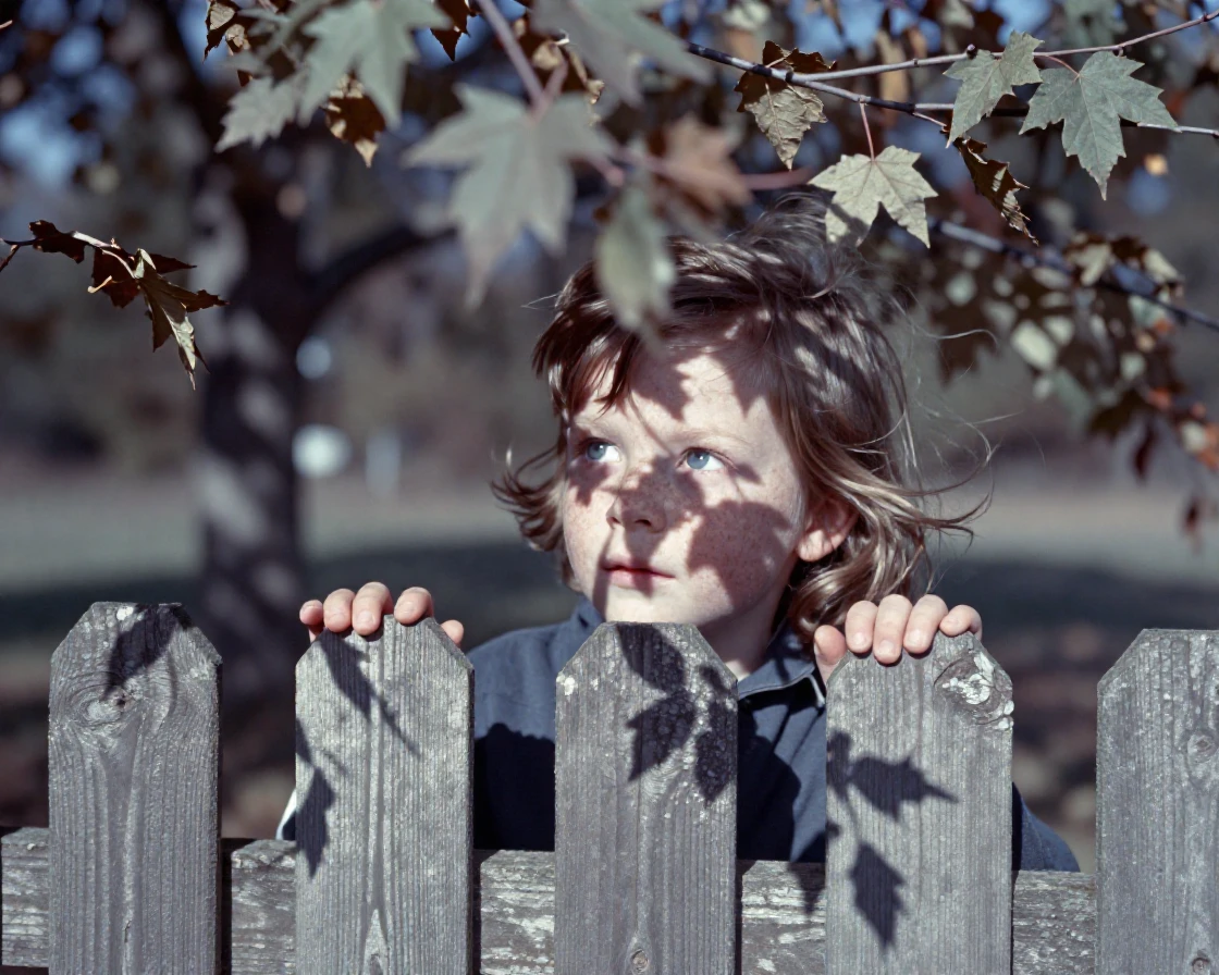 A freckled child peering curiously over a wooden fence, in dappled light filtering through leaves, with a soft breeze stirring the air, in late autumn, in cool blues and silvery greys, from a three-quarter angle.