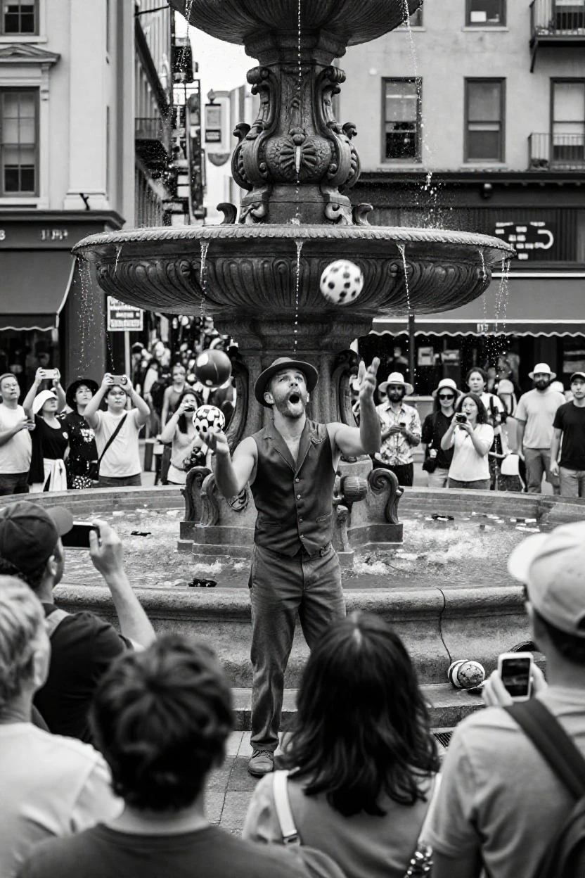 A street performer juggles for a crowd of tourists beside a historic fountain.