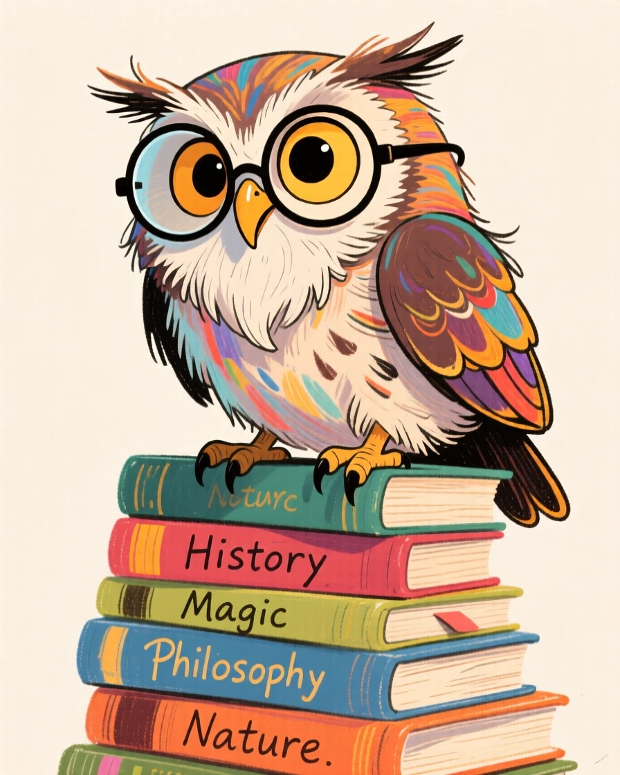 A wise old owl perched on a stack of books, spectacles low on its beak.