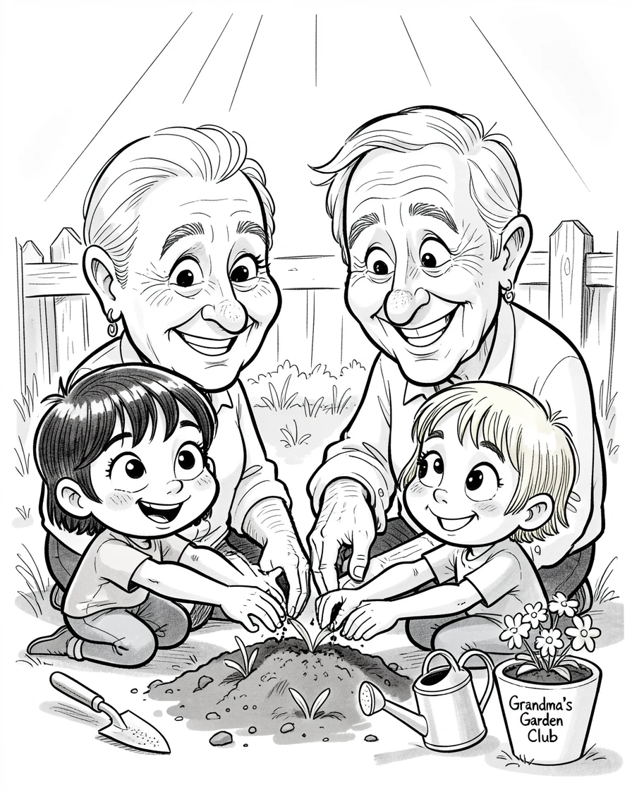 [Family & Relationship Moments] Heartwarming scene of grandparents teaching grandkids to garden in a sunny backyard plot, radiating love and warmth