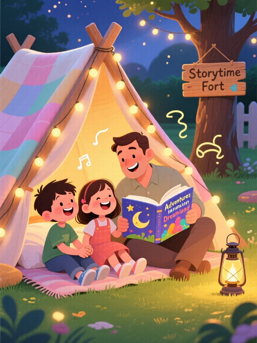 Siblings holding hands laughs while reading a bedtime story under a blanket fort together with his father, with laughter echoing through the yard.