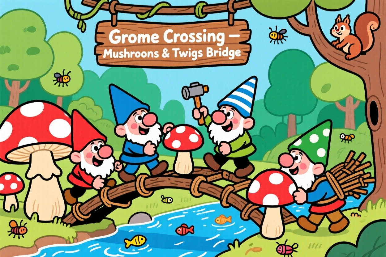 A troop of gnomes building a bridge out of mushrooms and twigs.
