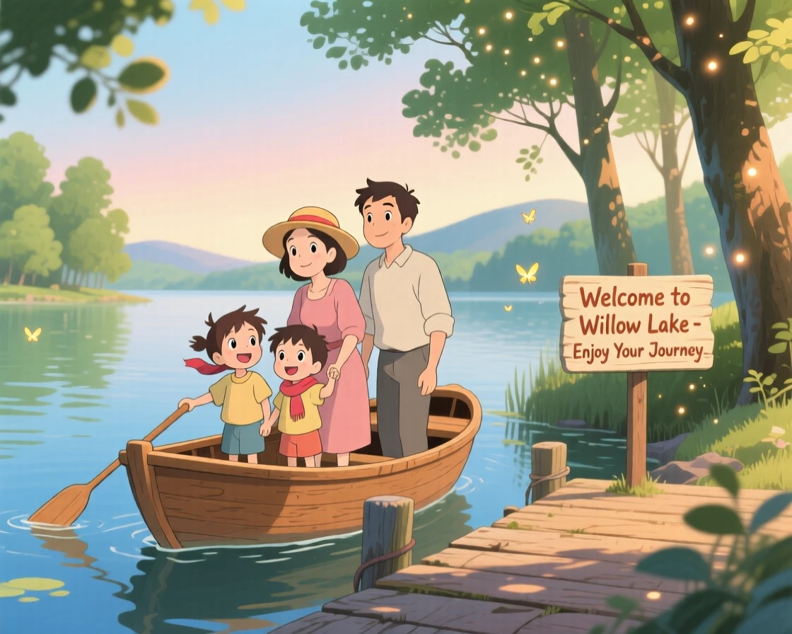 A family boarding a small boat for a lake outing, the scene quietly joyful.