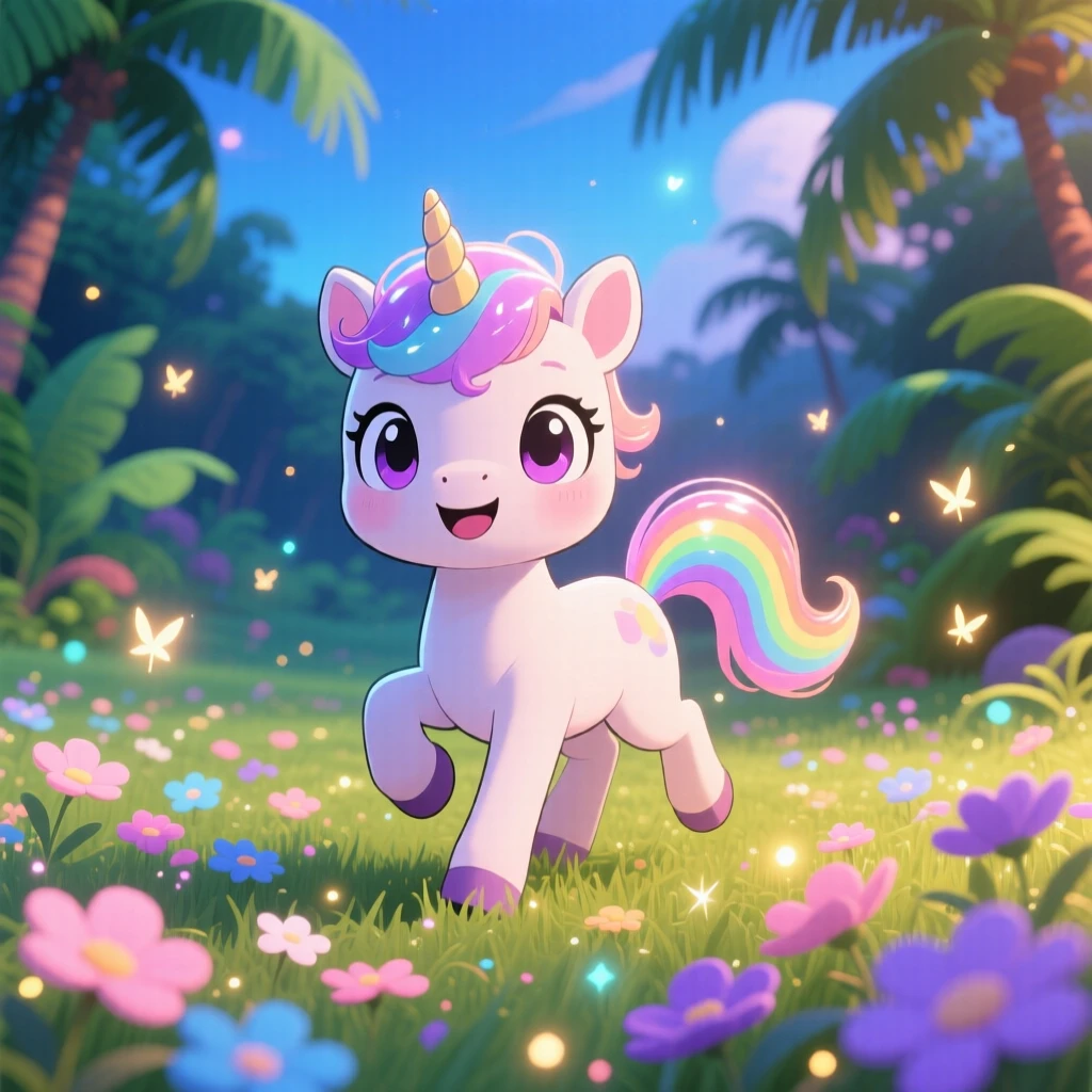 Symmetrical front-on view: an unicorn foal, prancing through a field of glowing flowers, set against an enchanted meadow on a warm tropical afternoon, with cool blue twilight glow and a mood of wide-eyed wonder.