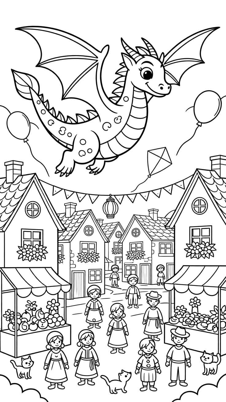 A dragon soaring above a village during a festival