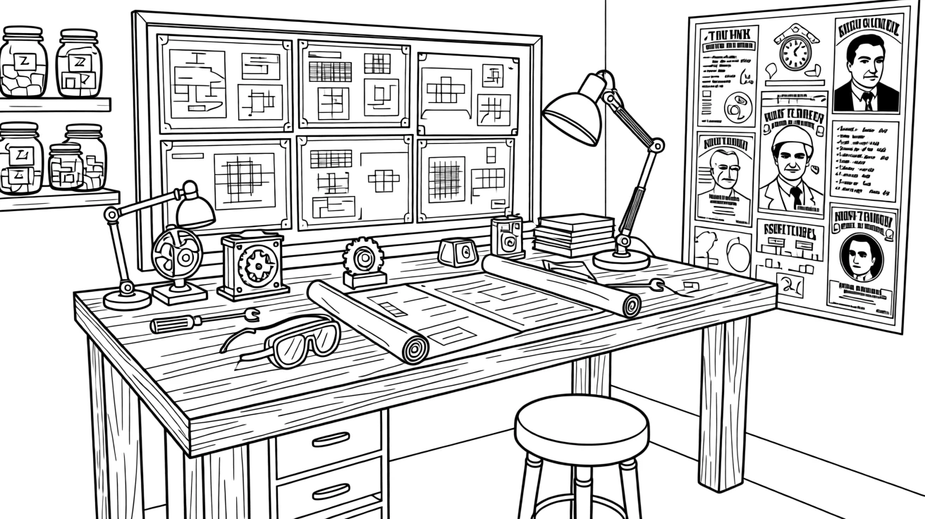 An inventor's workbench cluttered with gadgets and blueprints, with a poster wall visible in the background.