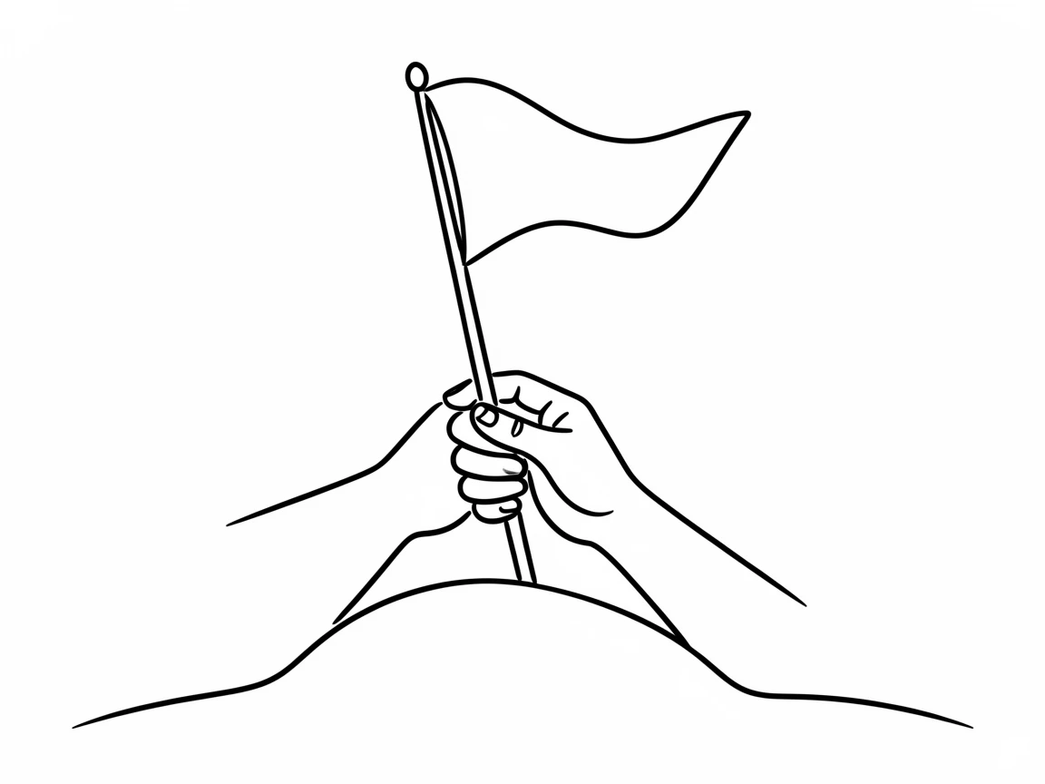 A pair of hands planting a flag atop a small hill, representing achievement