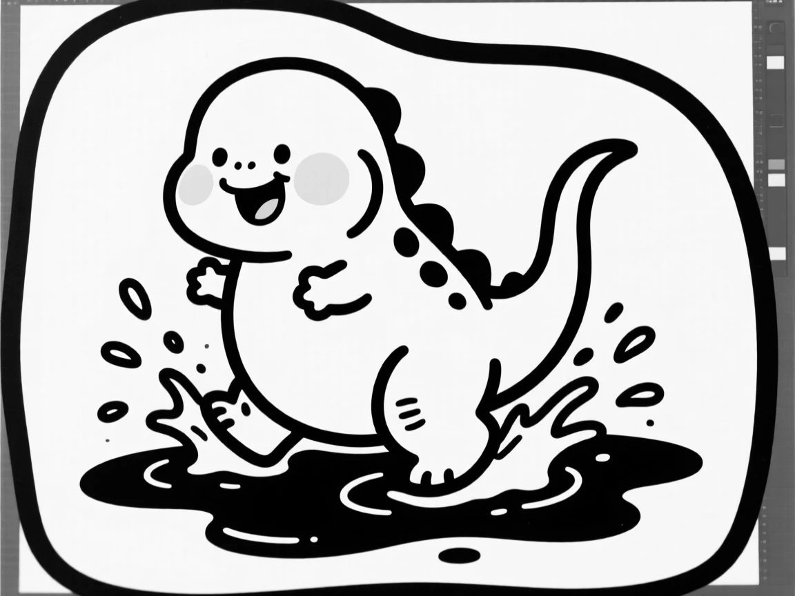 A chubby baby dinosaur character splashing in a puddle.