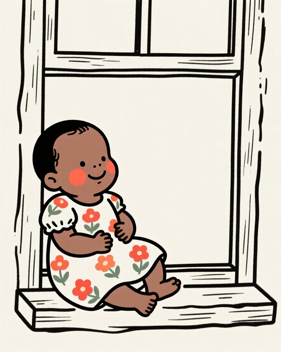 A newborn baby of Ethiopian heritage in a floral summer dress, smiling warmly, by a rustic farmhouse window.