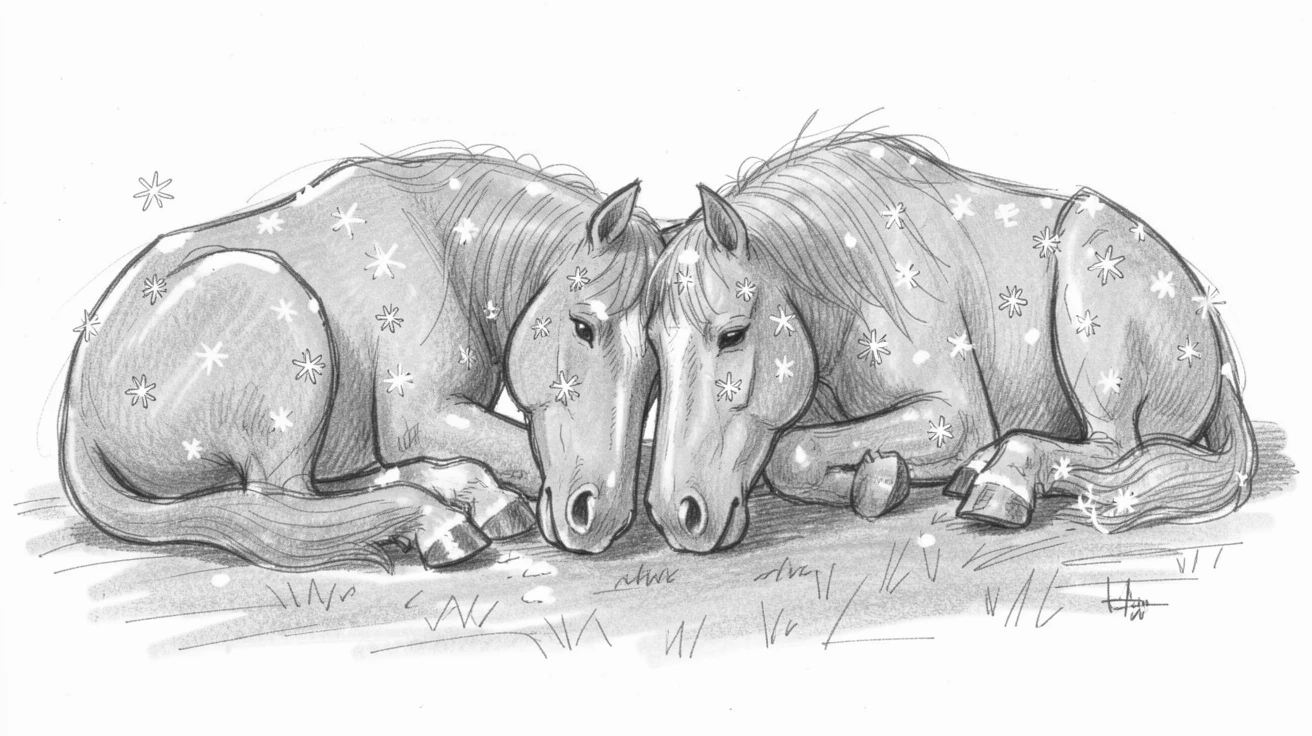 A pair of nuzzling horses napping in a patch of warm sunlight, with snowflakes settling on its fur.