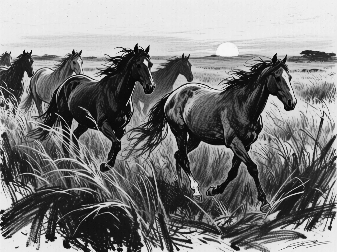 A herd of wild horses walking through tall savanna grass at sunrise.