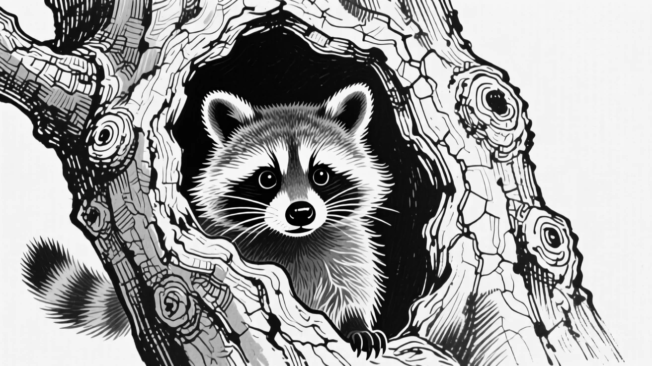 A raccoon peeking curiously out from a hollow tree trunk.