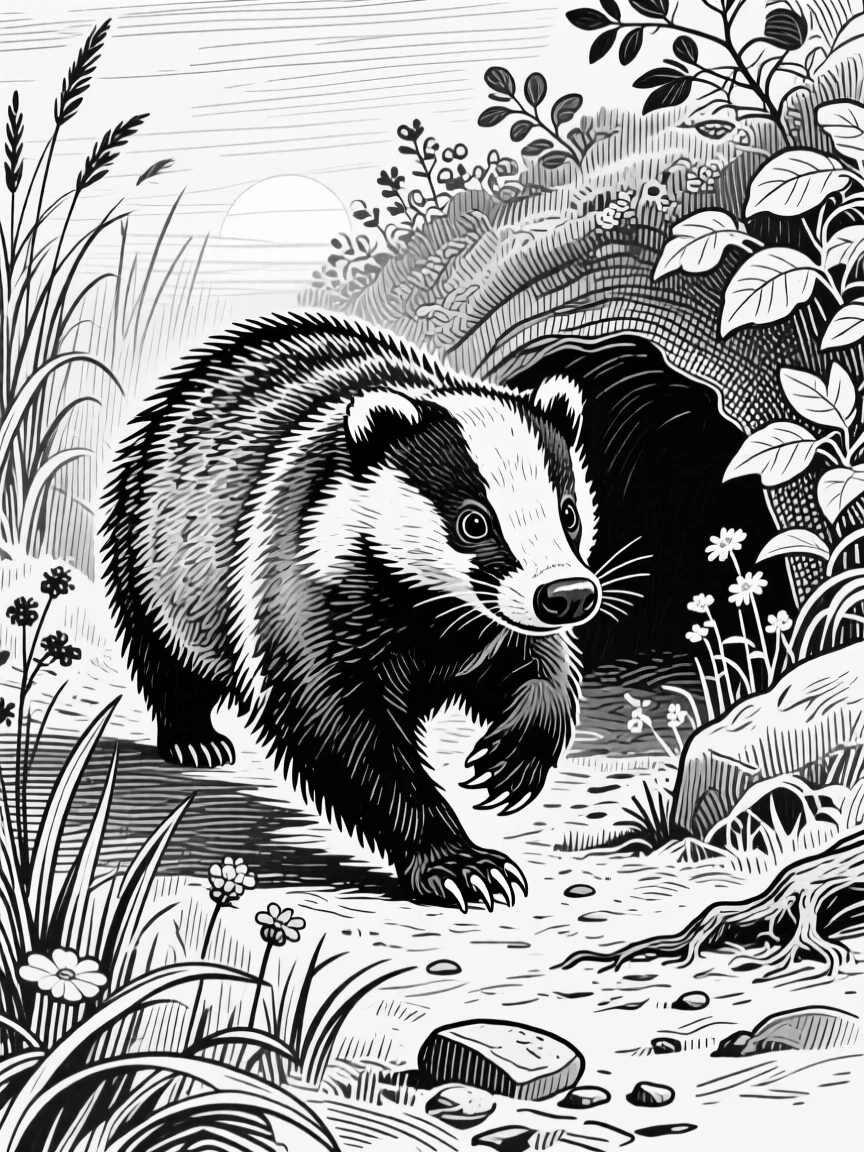 A badger at its den in a garden at first light, muscles tensed mid-stride, capturing a joyfully alive moment in nature with a strong, centered focal point.