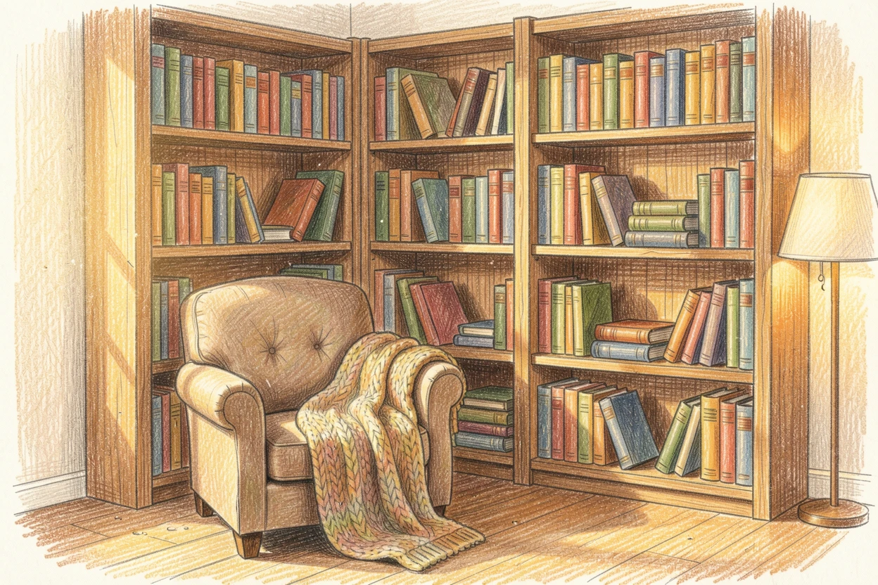 A reading corner with a tall bookshelf and a soft knitted blanket, with warm golden light spilling across the room, radiating warmth, comfort, and quiet domestic happiness.