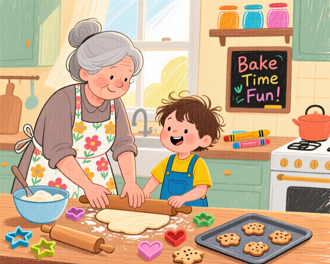 A grandmother teaching her grandchild to bake cookies in the kitchen.