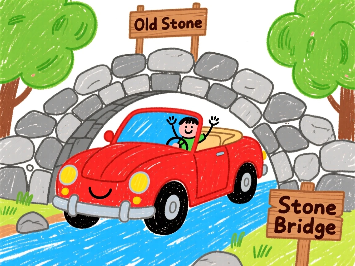 A vintage red convertible crossing an old stone bridge.