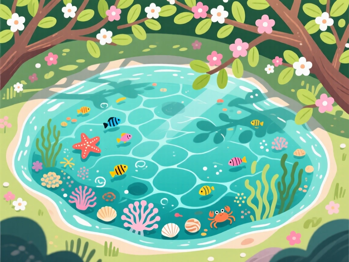 A crystal-clear tide pool teeming with tiny sea life, beneath a canopy of blooming branches, shown from an elevated viewpoint overlooking the scene, with a fresh, crisp clarity that highlights every detail.