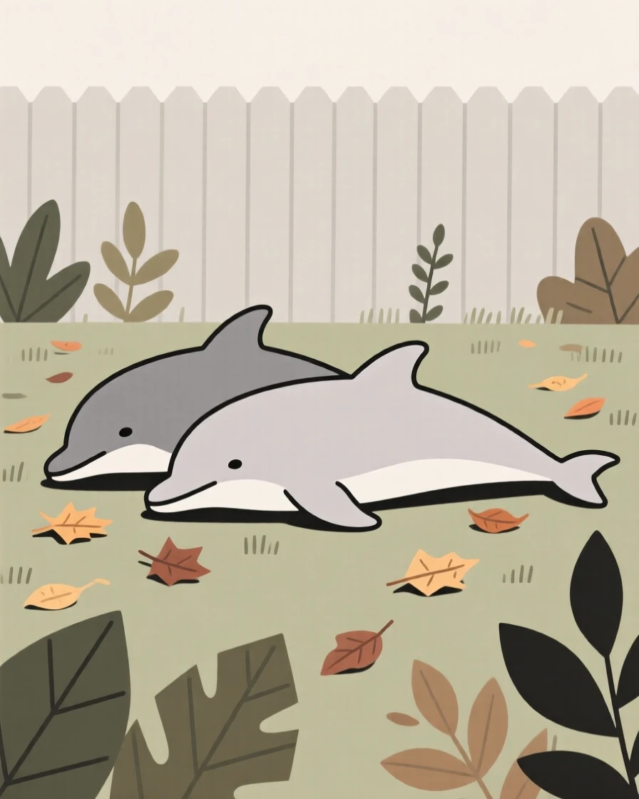 A dolphin pod resting peacefully in a quiet backyard garden, near scattered autumn leaves, giving off a sense of protective warmth.
