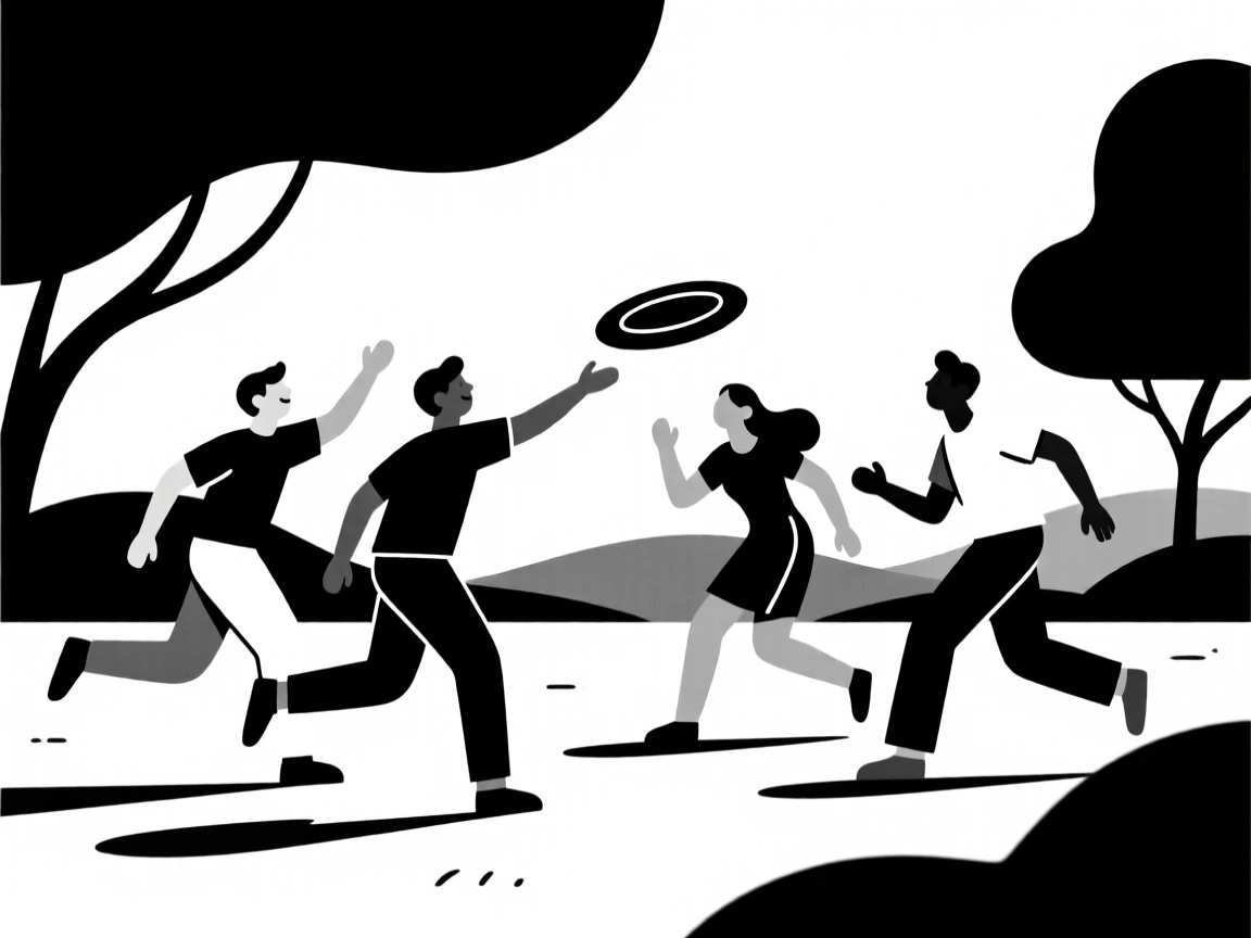 A group of friends playing frisbee in a park.