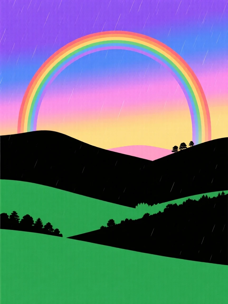 A rainbow arching over a green valley after a passing storm.