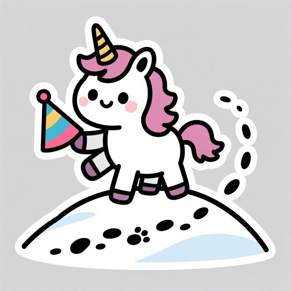 A playful chibi unicorn holding a paper party hat, on a snowy hill with tiny footprints trailing behind.