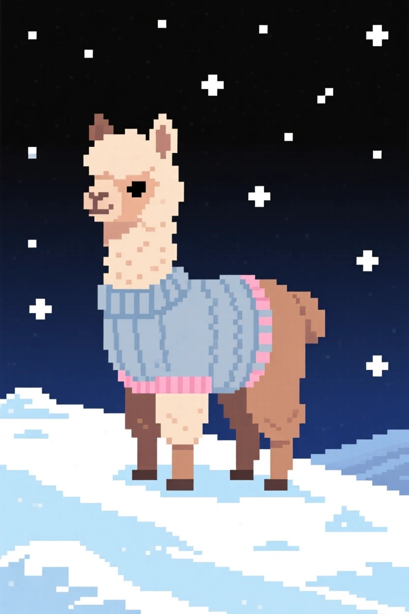 A baby alpaca wearing a knitted sweater two sizes too big, on a snowy hillside under the stars.