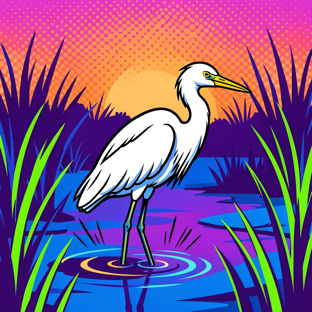 A snowy egret wading through a quiet marsh at dawn
