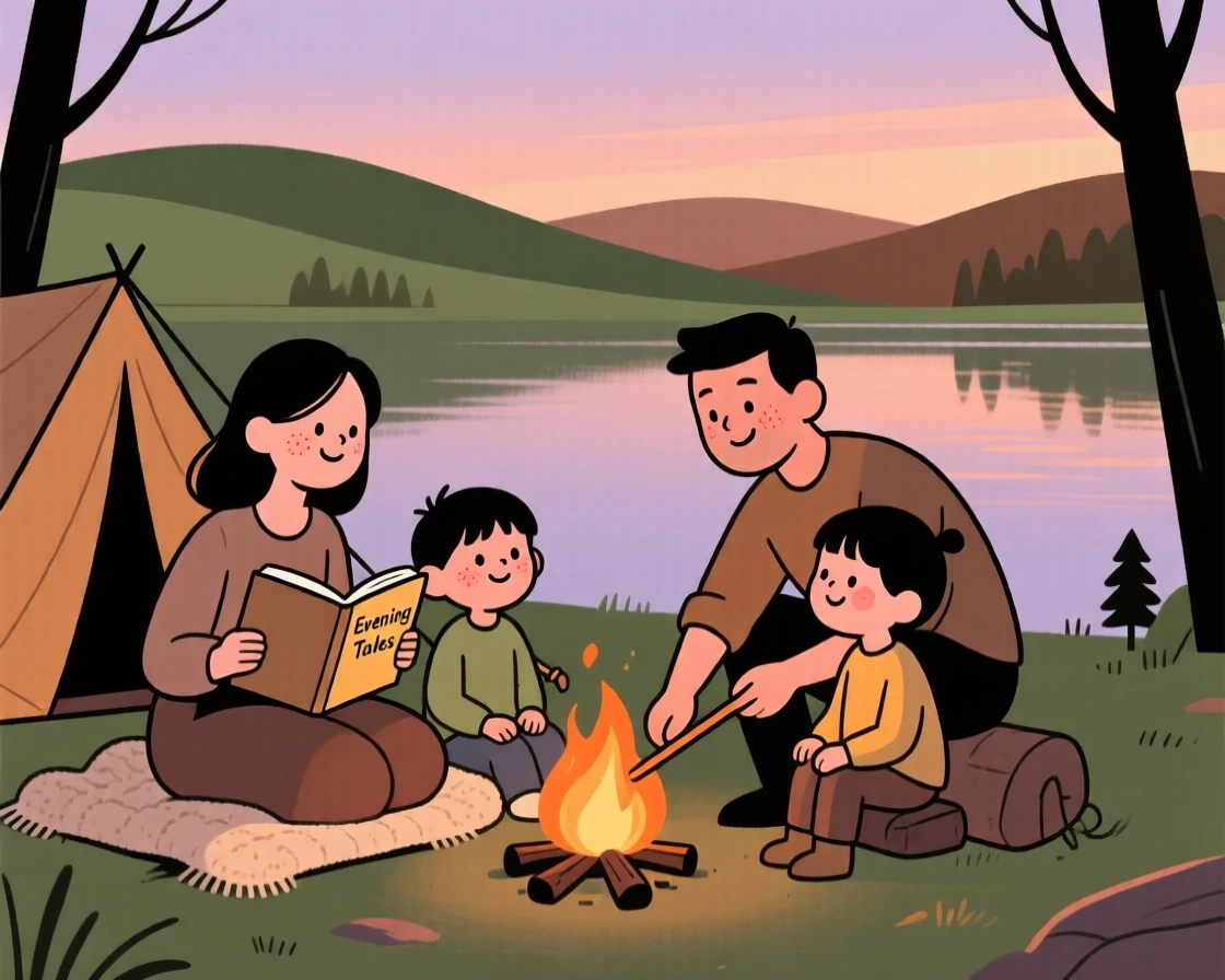 A family sets up camp beside a quiet lake as the evening glow fades behind the distant hills, sharing stories around a small fire.