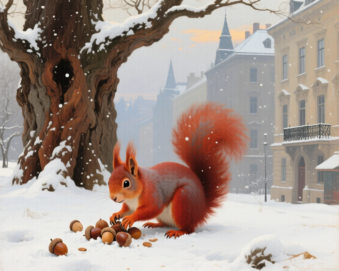A balanced composition of a red squirrel gathering acorns beneath an ancient oak tree, in gentle falling snow, in old Vienna.