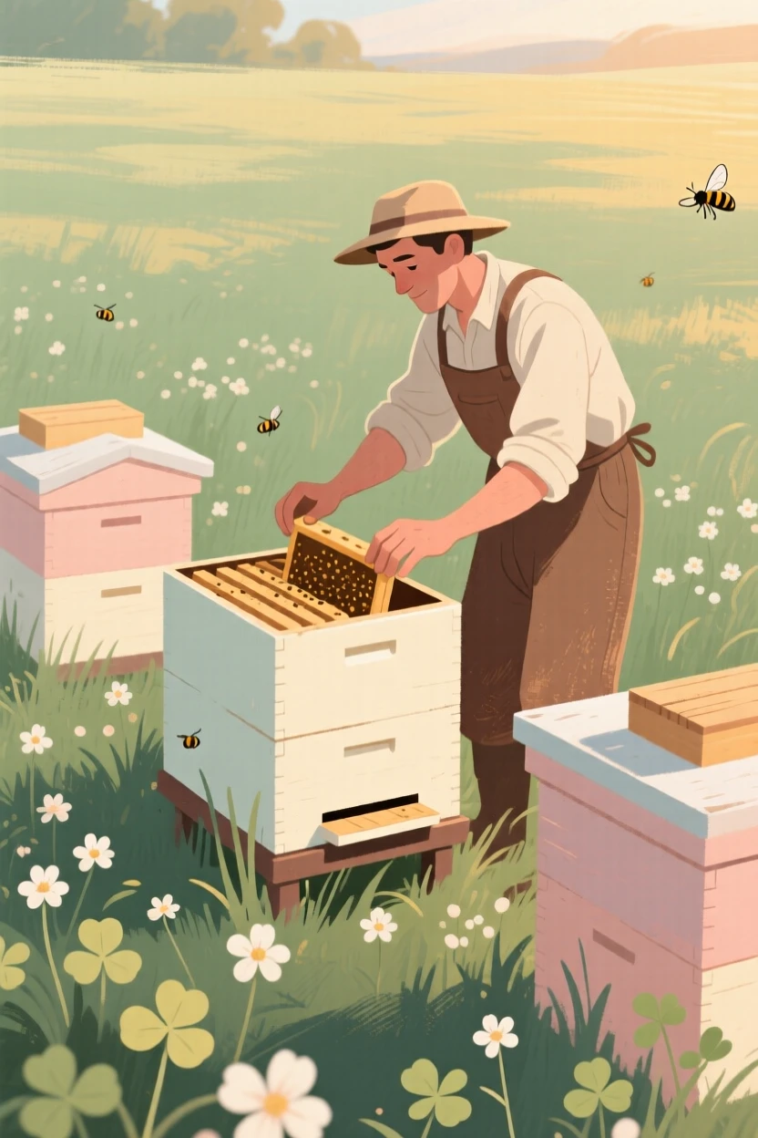 A farmer tending beehives at the edge of a clover field