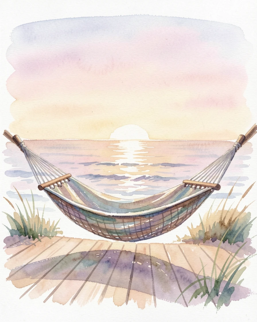 A peaceful hammock overlooking a calm ocean horizon in a moment of quiet reflection.