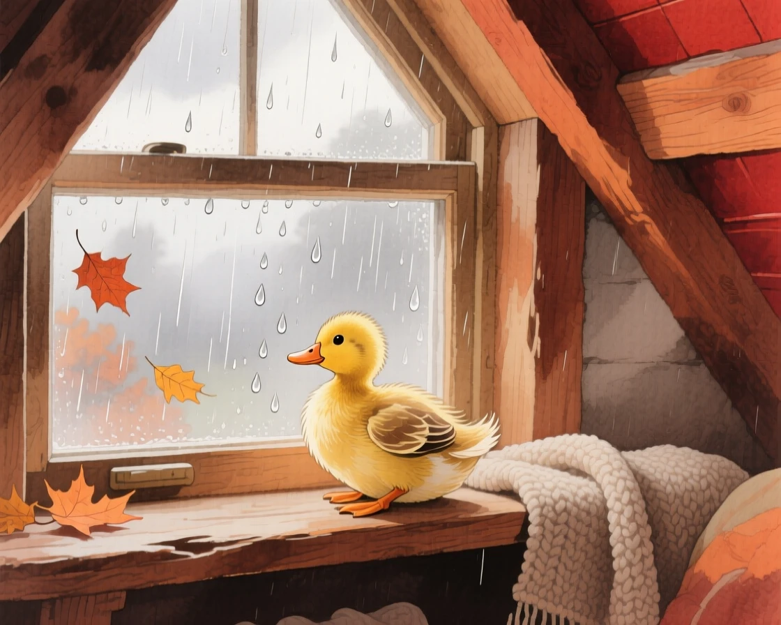 A baby duckling watches raindrops on a window in a cozy attic window, as autumn leaves swirl around
