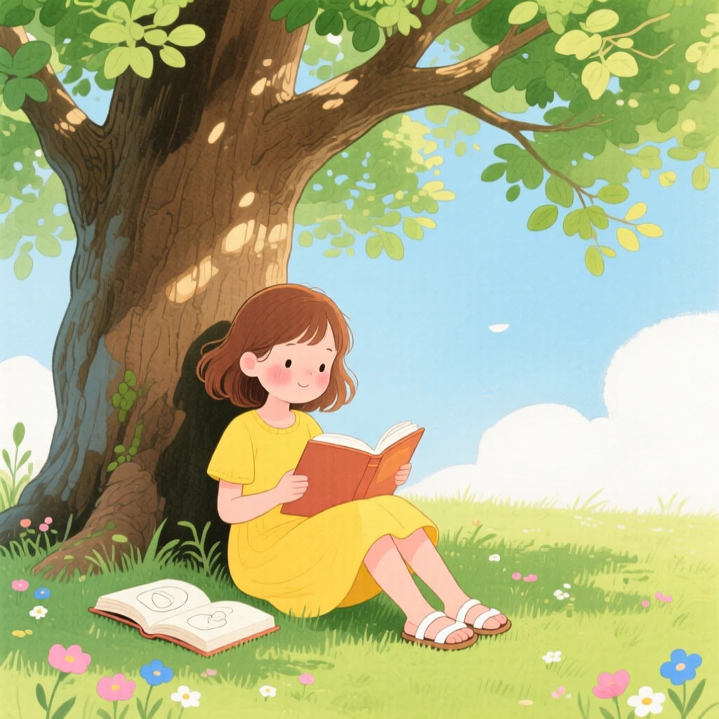 A young girl reading a book beneath a giant oak tree.