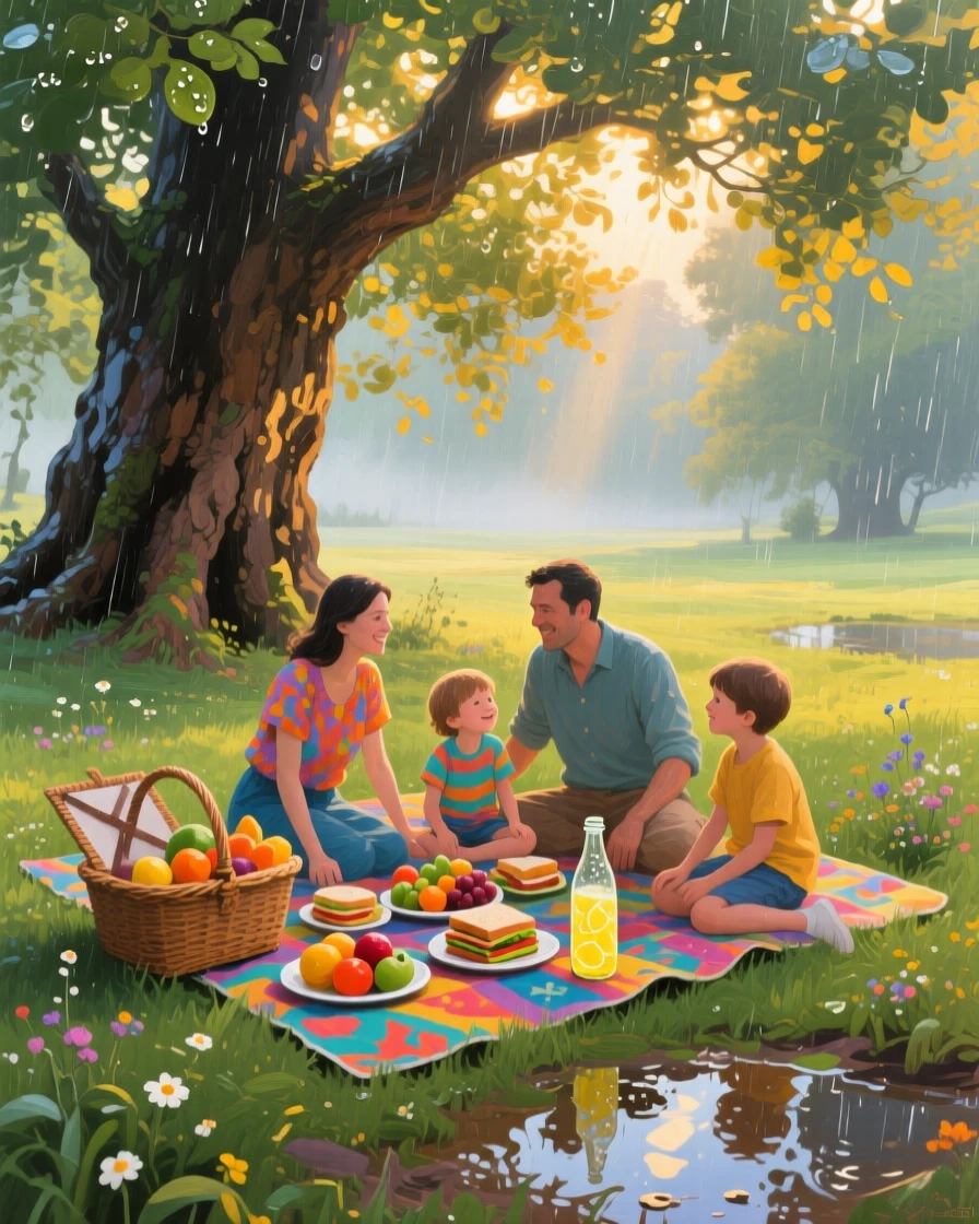 a family picnic beneath giant trees, after fresh rainfall, with a balanced, spacious view of the surroundings.