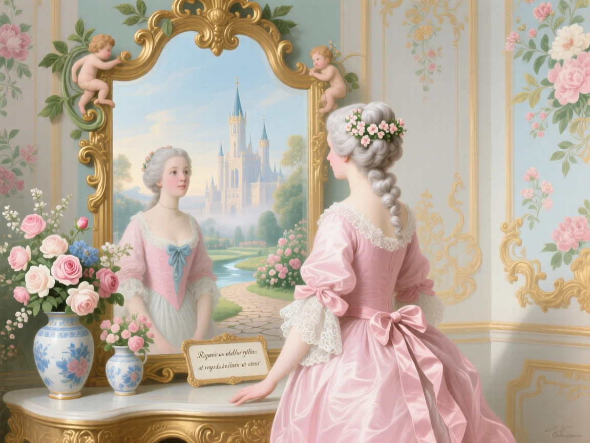 A young woman standing before an enchanted mirror that reflects a distant kingdom  