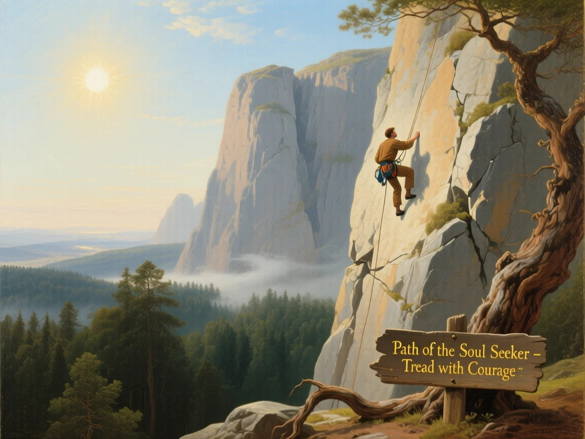 A lone climber makes its way along a granite cliff face under a blazing midday sun.