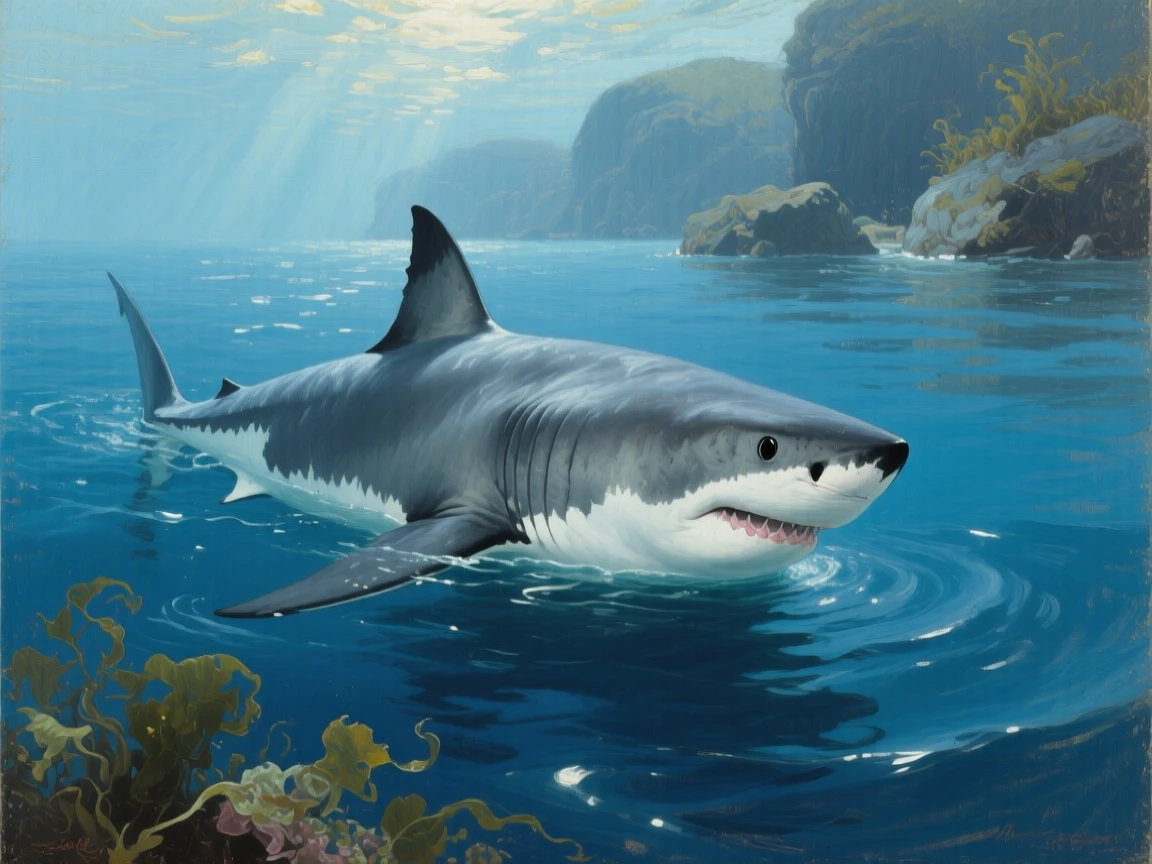 A great white shark gliding silently beneath the ocean's surface, its expression conveying an almost human sense of awareness, designed to feel both intimate and awe-inspiring