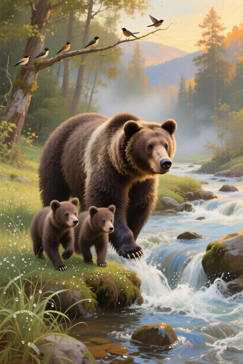 A mother bear guiding her cubs across a rushing mountain stream in a fleeting instant of natural beauty rarely witnessed, set within a sunlit forest clearing alive with birdsong, with dew-covered grass, drifting mist, and soft golden light; a low, respectful vantage point lends the creature quiet majesty, radiating peace, freedom, and untamed beauty.