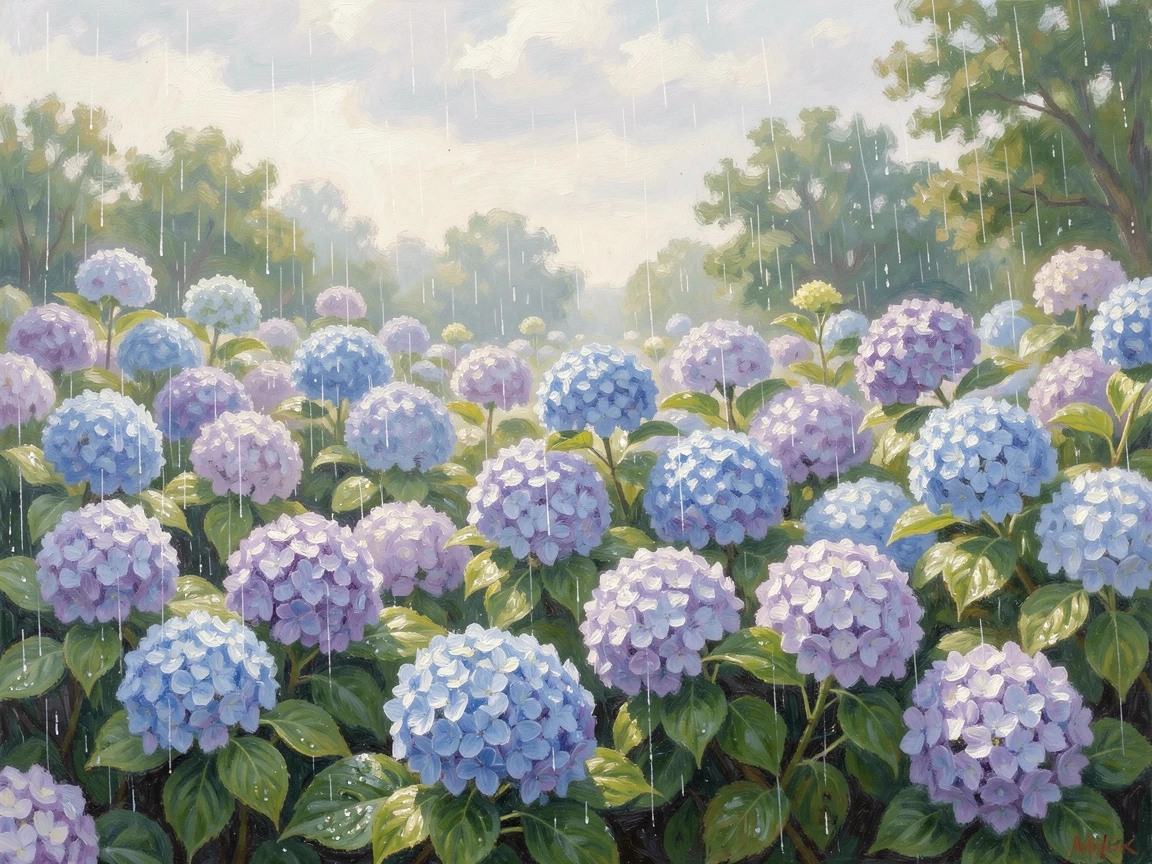 A garden overflowing with hydrangeas in shades of blue and violet after a gentle summer rain.