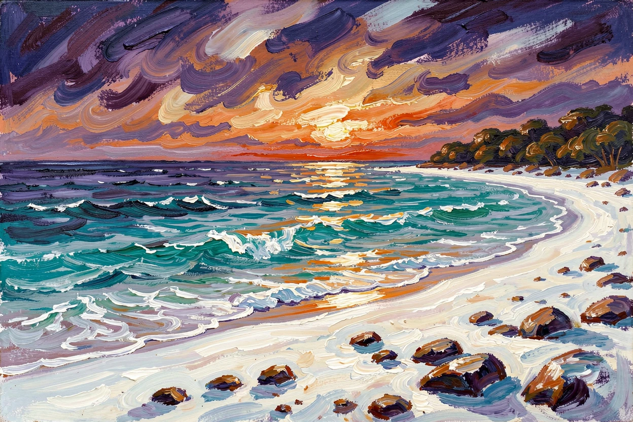 A tranquil beach cove with turquoise water lapping gently against white sand at dusk.